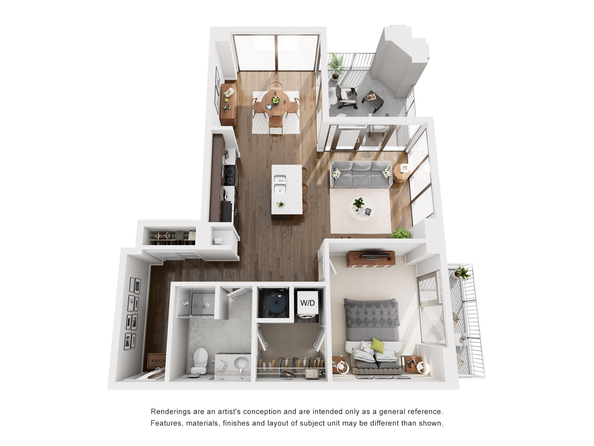 Floor plan for 1 bed, 1 bath, 857 sqft